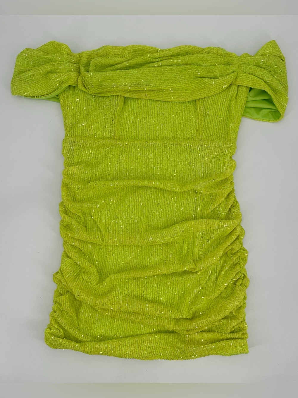 Pretty Little Thing Dress Women's US 12  Neon Lime Sequin Bardot Bodycon New